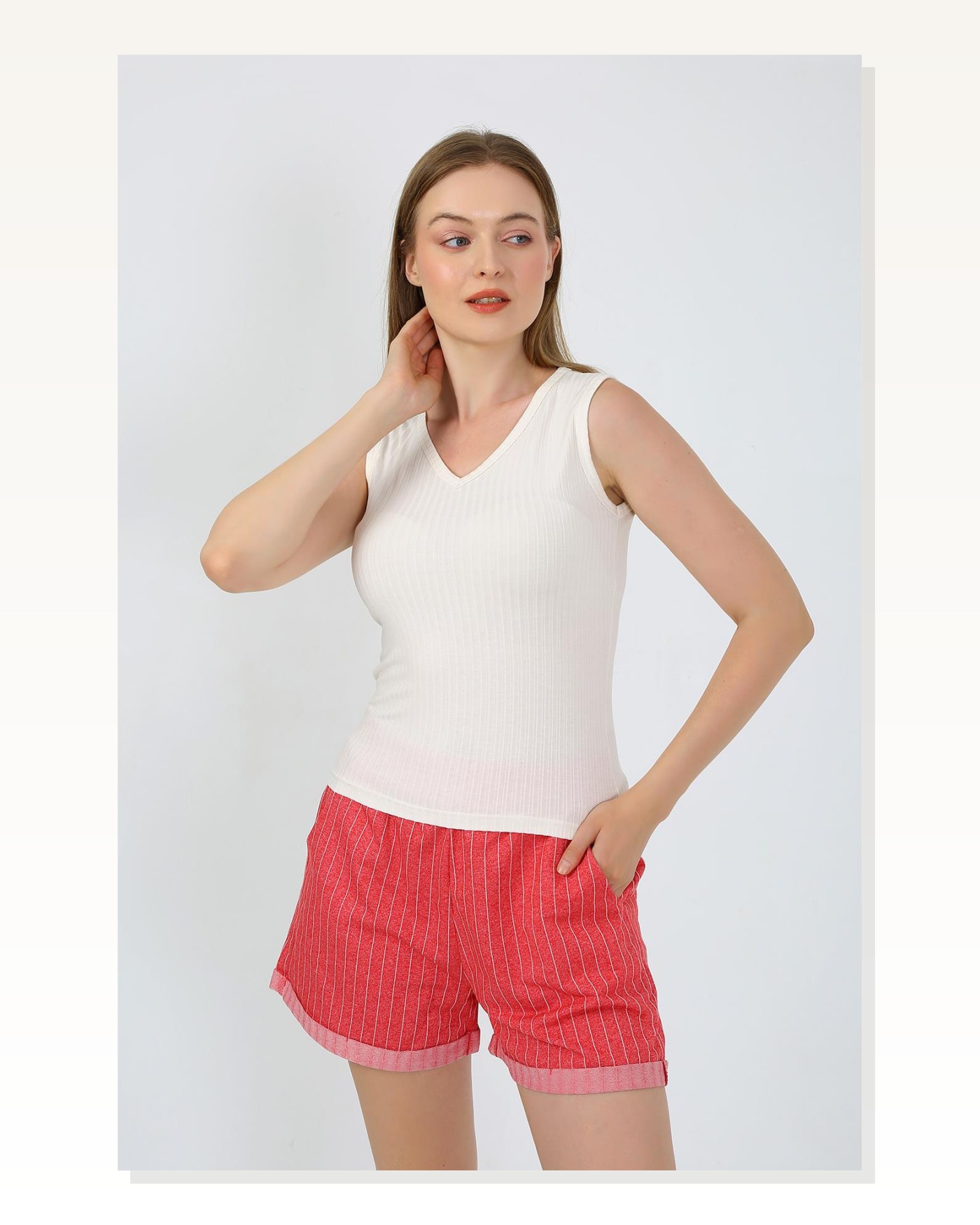 Moda Çizgi Kadın Kalın Askılı Şortlu Pijama Takım Ekru 3632 Marketplace blank