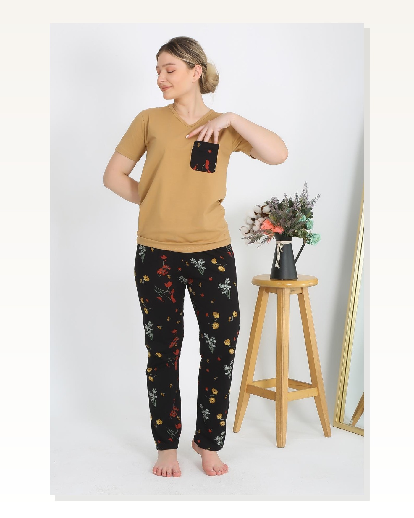 Kadın Moda Çizgi Kısa Kol Pamuk Penye Pijama Takım Hardal 4214 Marketplace blank