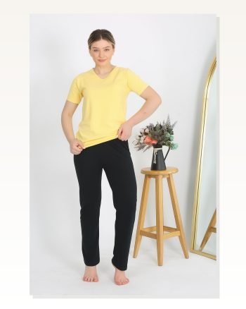 Kadın Moda Çizgi Kısa Kol Pamuk Penye Pijama Takım Sarı 4215