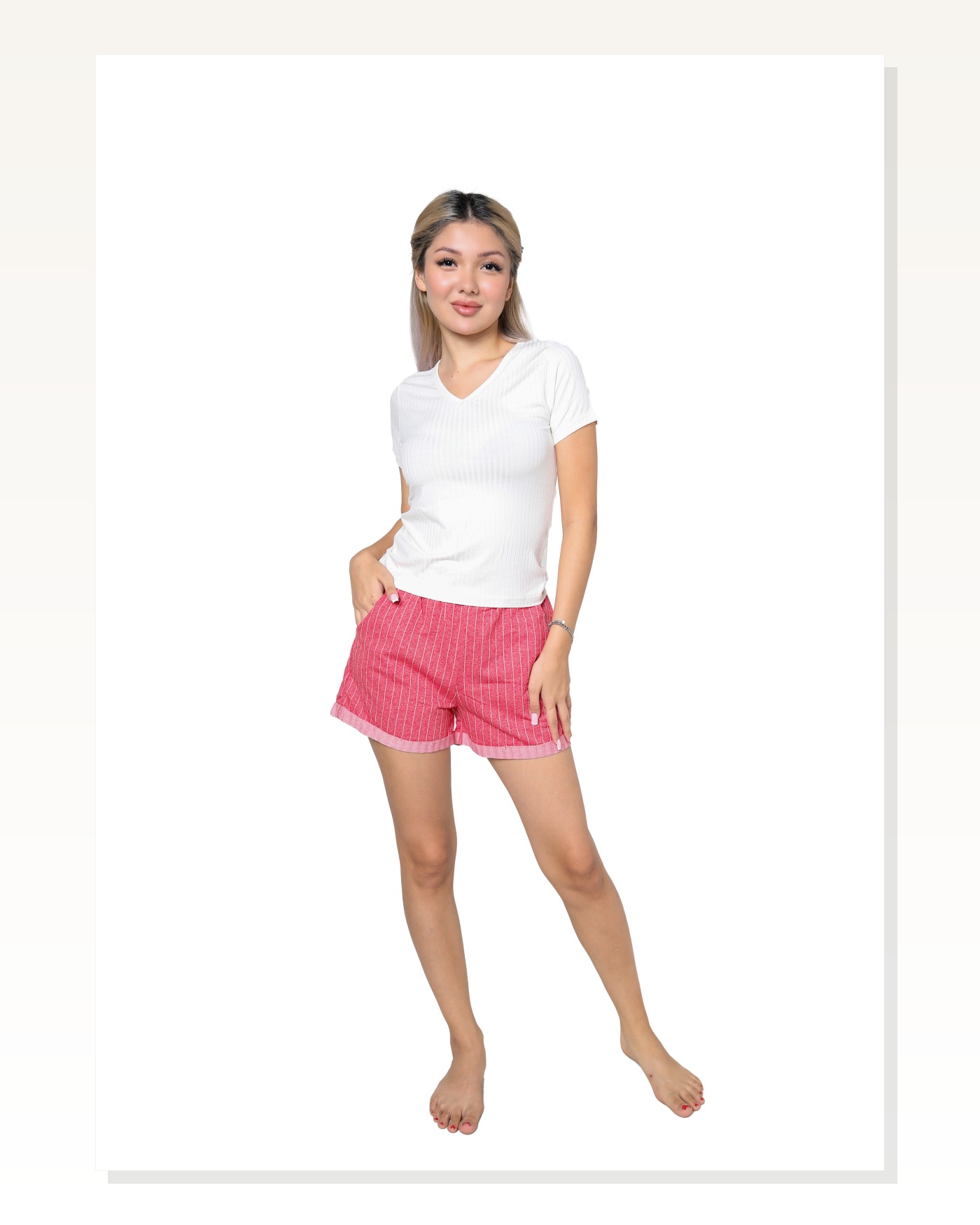 Moda Çizgi Kadın Kısa Kol Penye Şortlu Pijama Takım 3627 Ekru Marketplace blank
