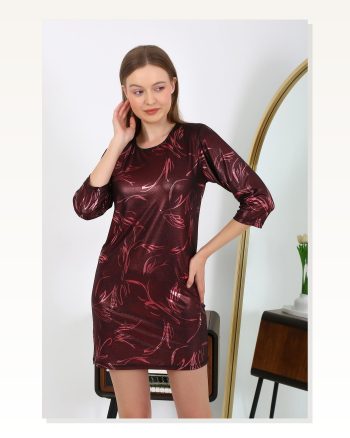 Kadın Moda Çizgi Micro Kumaş Mini Parlak Elbise 7420 Bordo
