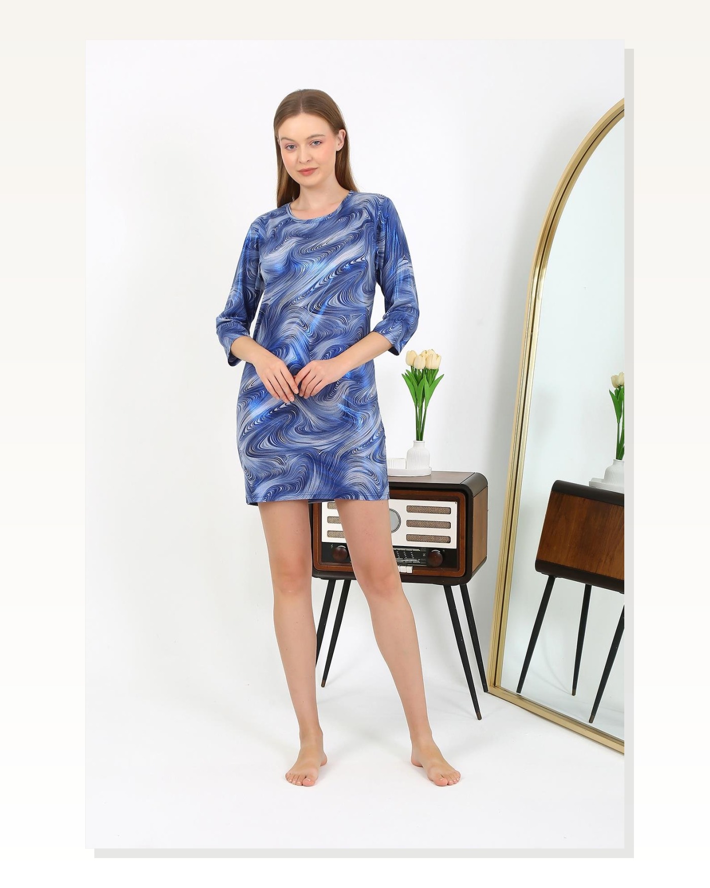 Moda Çizgi Kadın Micro Kumaş Mini Parlak Elbise 7420 Mavi Marketplace blank