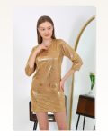 Moda Çizgi Kadın Micro Kumaş Mini Parlak Elbise 7420 Sarı Marketplace