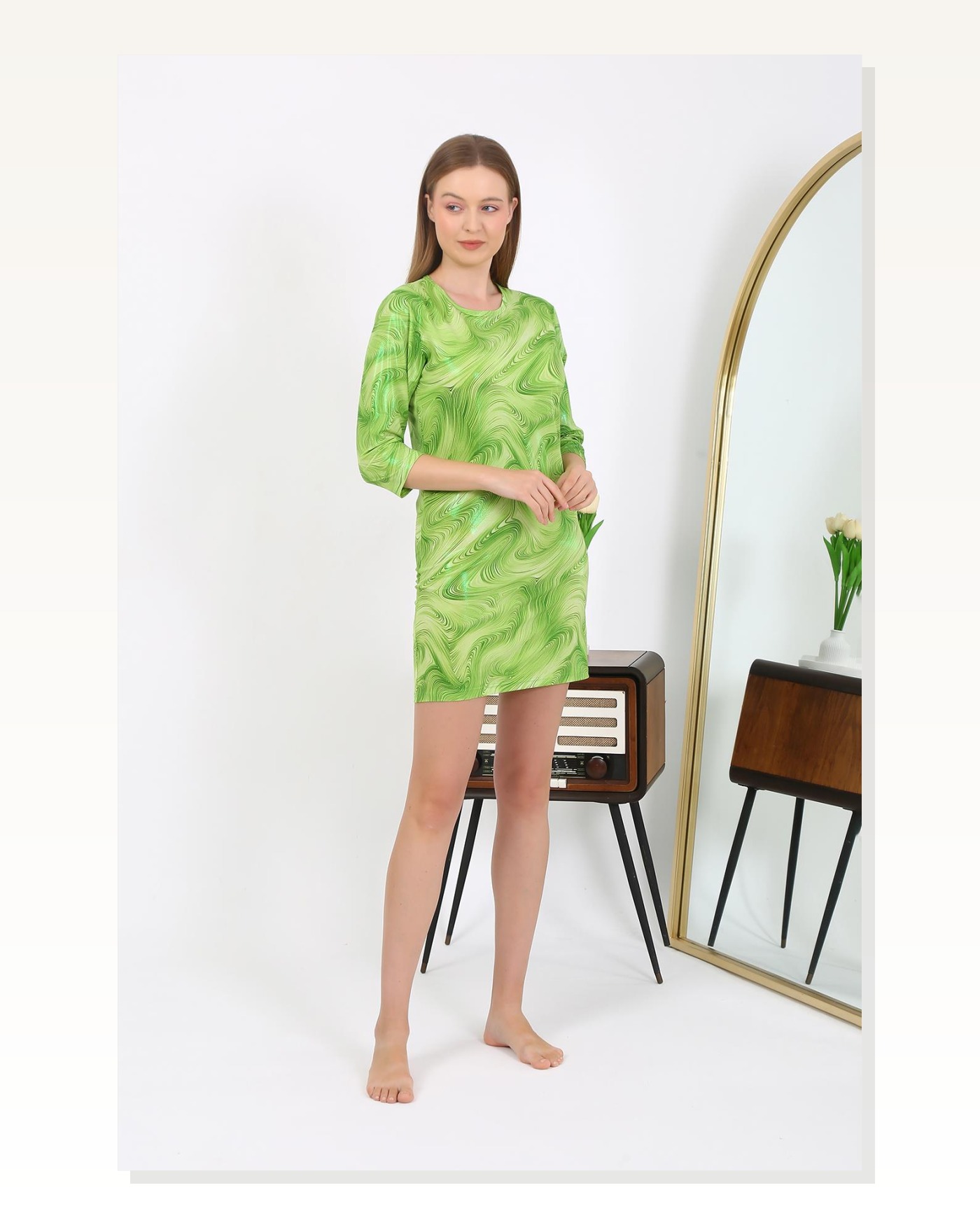 Moda Çizgi Kadın Micro Kumaş Mini Parlak Elbise 7420 Yeşil Marketplace blank