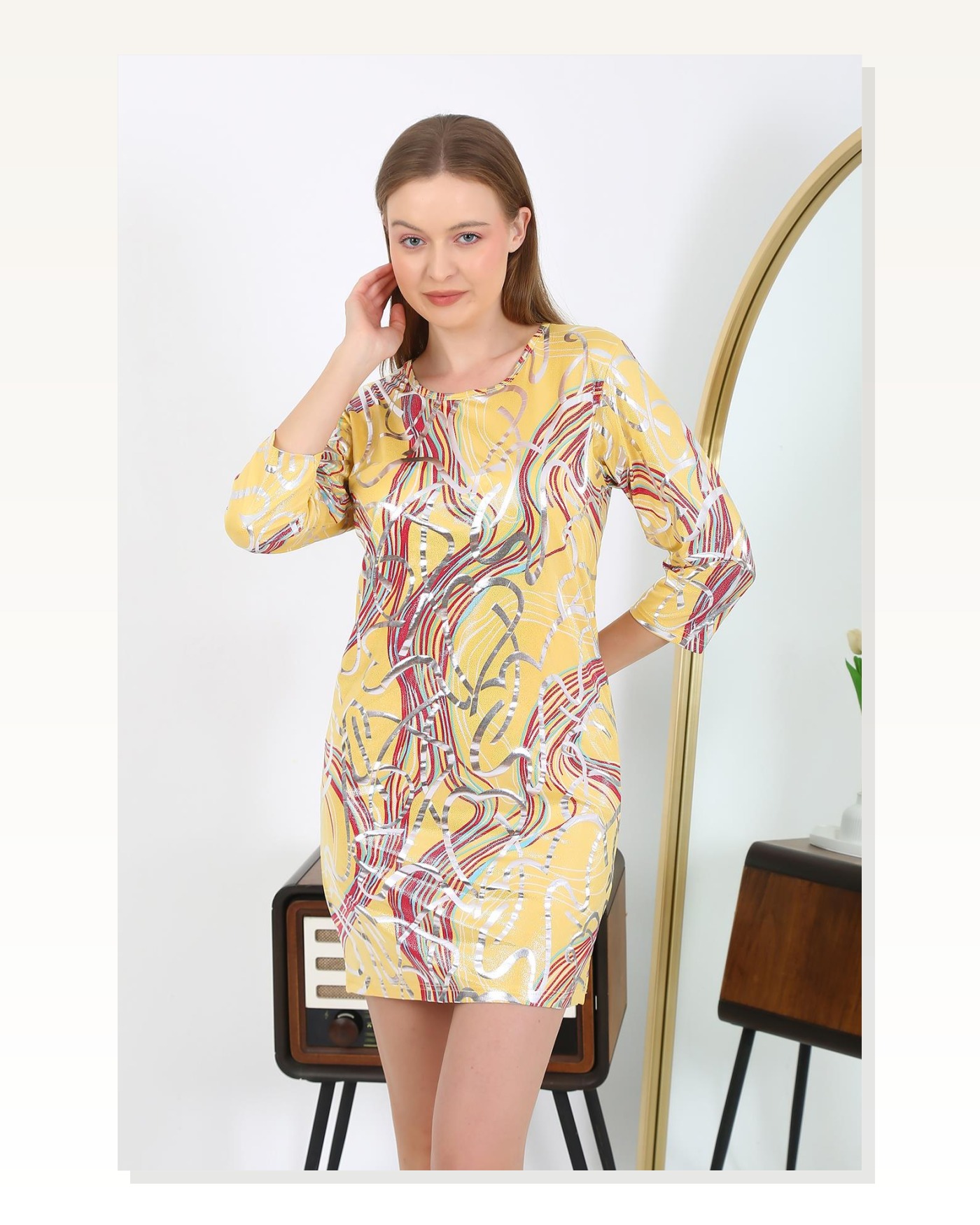 Moda Çizgi Kadın Micro Kumaş Mini Parlak Elbise 7421 Sarı Marketplace blank
