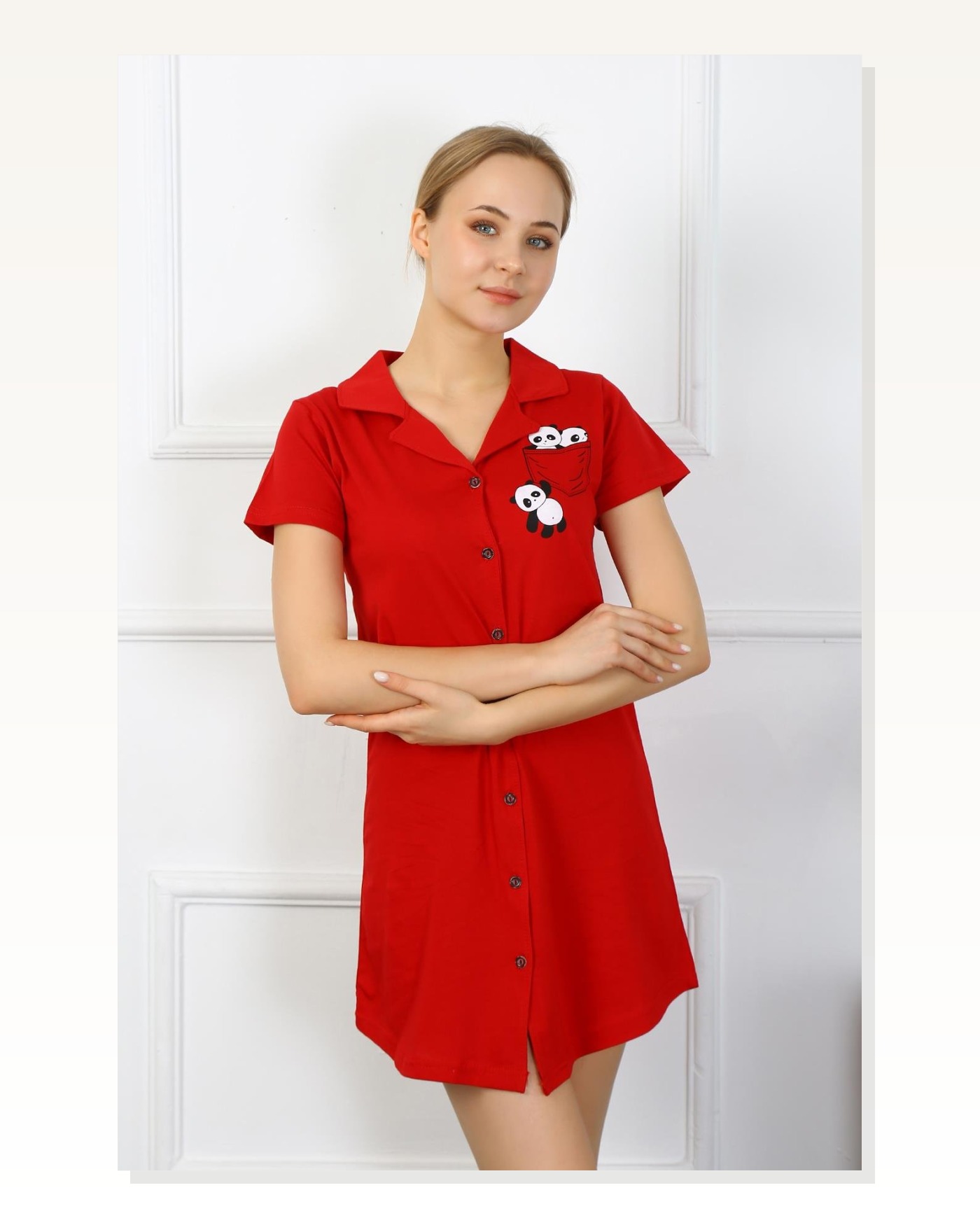 Moda Çizgi Kadın Pamuk Penye Kısa Kol Düğmeli Kırmızı Tunik Gecelik 13109 Marketplace blank