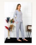 Moda Çizgi Kadın Pamuk Penye Önden Düğmeli Uzun Kol Gri Pijama Takım 2782 Marketplace