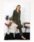 Moda Çizgi Kadın Pamuk Penye Önden Düğmeli Uzun Kol Haki Pijama Takım 2782 Marketplace