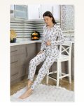 Moda Çizgi Kadın Pamuk Penye Önden Düğmeli Uzun Kol Pijama Takım Gri 2784 Marketplace