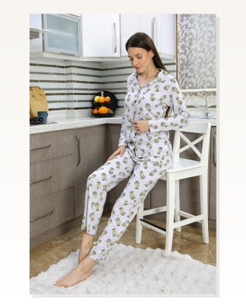Kadın Moda Çizgi Pamuk Penye Önden Düğmeli Uzun Kol Pijama Takım Gri 2784