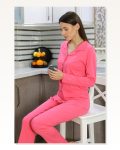 Moda Çizgi Kadın Pamuk Penye Önden Düğmeli Uzun Kol Pijama Takım Pembe 2783 Marketplace