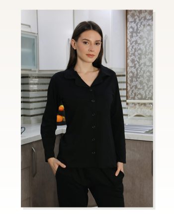 Moda Çizgi Kadın Pamuk Penye Önden Düğmeli Uzun Kol Pijama Takım Siyah 2783