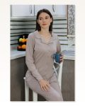 Moda Çizgi Kadın Pamuk Penye Önden Düğmeli Uzun Kol Pijama Takım Vizon 2783 Marketplace