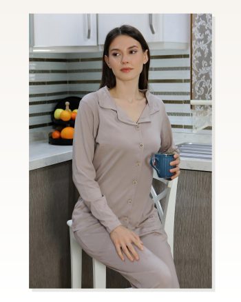 Kadın Moda Çizgi Pamuk Penye Önden Düğmeli Uzun Kol Pijama Takım Vizon 2783