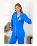 Moda Çizgi Kadın Pamuk Penye Önden Düğmeli Uzun Kol Saks Pijama Takım 2782 Marketplace
