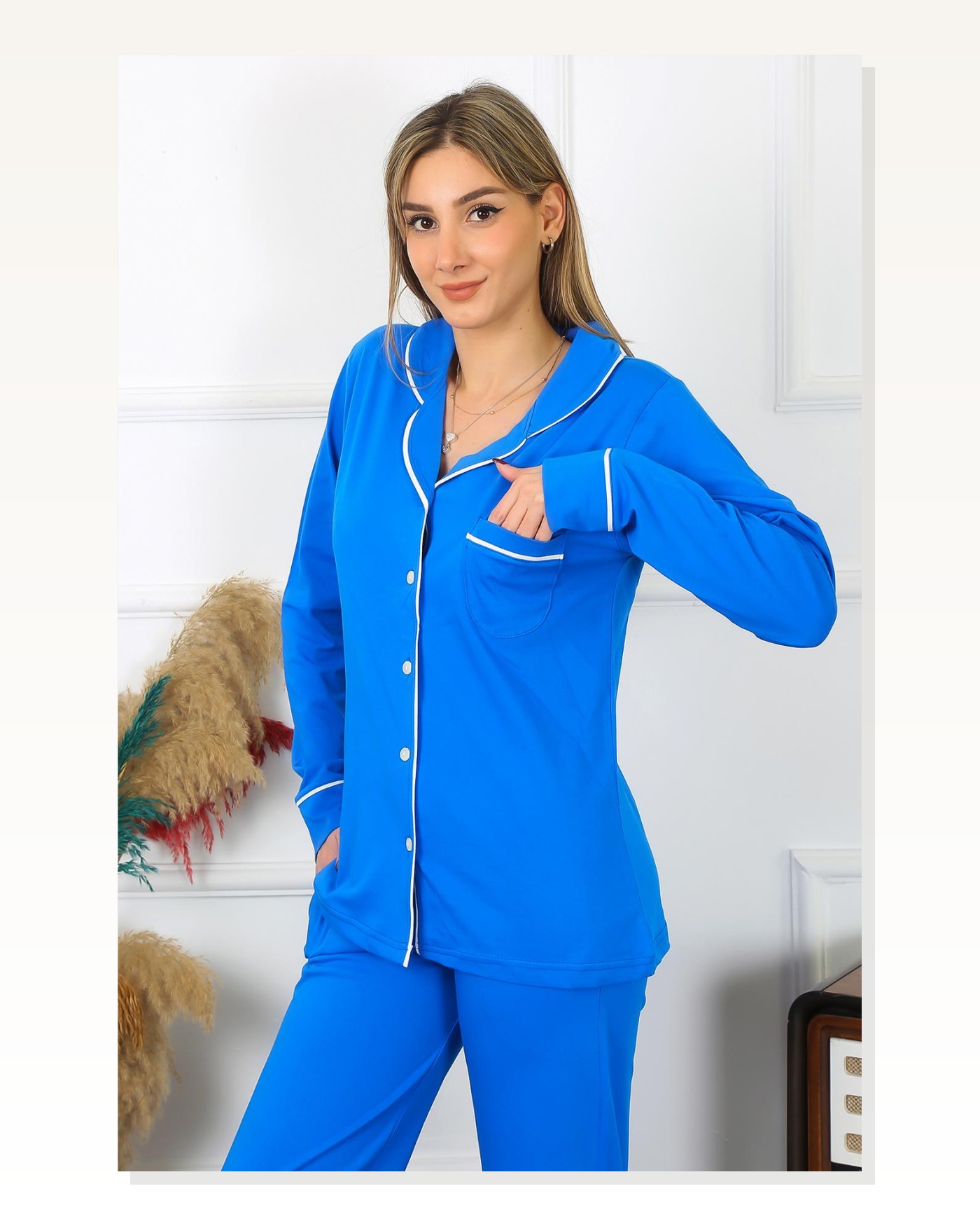 Moda Çizgi Kadın Pamuk Penye Önden Düğmeli Uzun Kol Saks Pijama Takım 2782 Marketplace blank