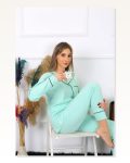 Moda Çizgi Kadın Pamuk Penye Önden Düğmeli Uzun Kol Su Yeşili Pijama Takım 2782 Marketplace