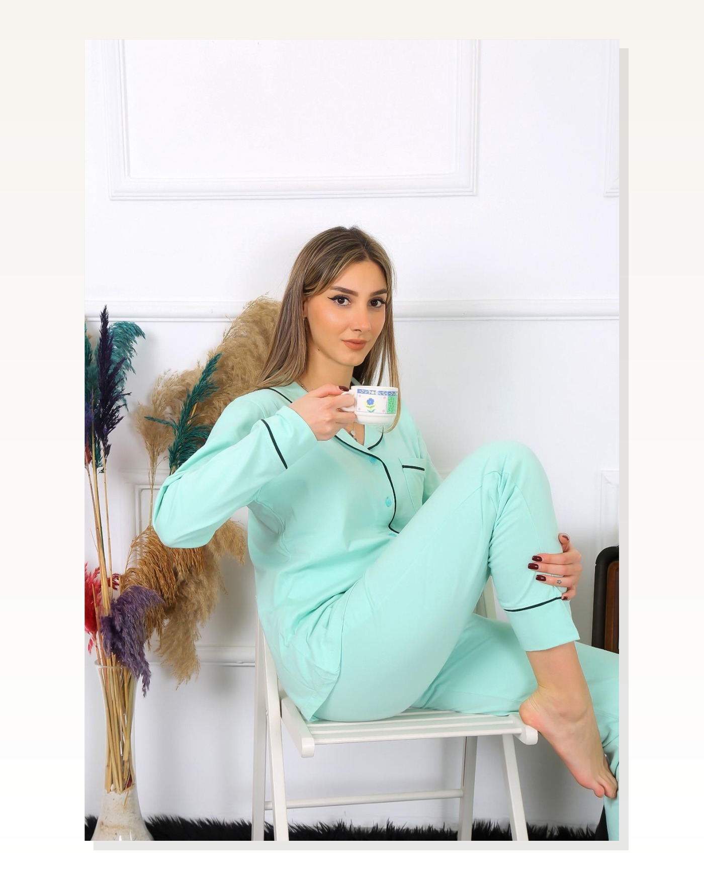 Moda Çizgi Kadın Pamuk Penye Önden Düğmeli Uzun Kol Su Yeşili Pijama Takım 2782 Marketplace blank