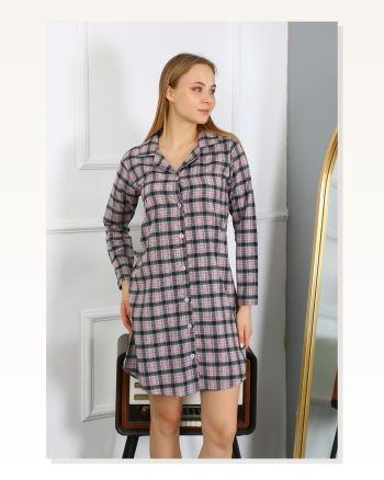 Kadın Moda Çizgi Penye Uzun Kol Düğmeli Siyah Tunik Gecelik 13102