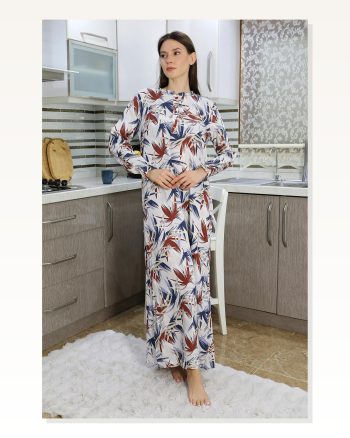 Kadın Moda Çizgi Uzun Kol Penye Gecelik Ev Elbisesi Krem 25500