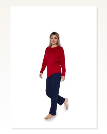 Kadın Moda Çizgi Uzun Kol Penye Pijama Takımı Bordo 41110