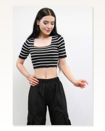 Moda Çizgi Knitwear Crop Striped Black