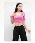 Moda Çizgi Knitwear Crop Striped Pink