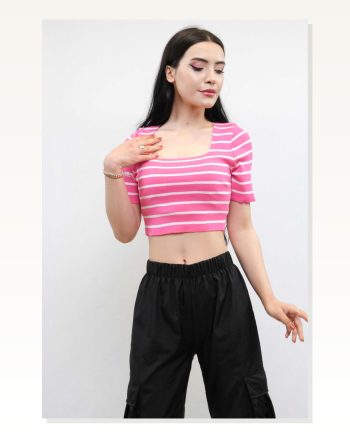 Moda Çizgi Knitwear Crop Striped Pink