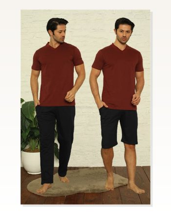 Moda Çizgi Men’s Claret Red V-neck 3-PIECE Pajama Set 6822