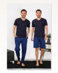 Moda Çizgi Men’s Combed Cotton 3-PIECE Navy Blue V-neck Pajama Set 6822