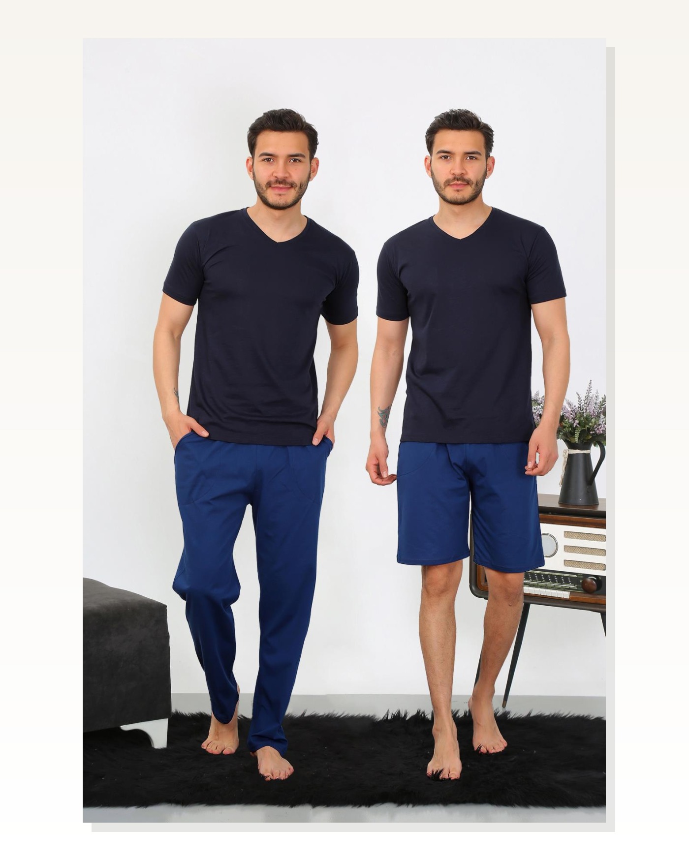 Moda Çizgi Men's Combed Cotton 3-Piece Navy Blue V-Neck Pajama Set 6822 Marketplace blank