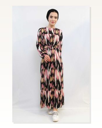 Moda Çizgi Mixed Pattern Dress Powder