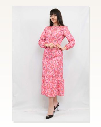 Moda Çizgi Paisley Pattern Dress Fuchsia