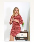 Moda Çizgi Pamuk Ev Elbisesi Tunik Gecelik Kırmızı 13132