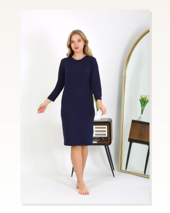 Moda Çizgi Pamuk Ev Elbisesi Tunik Gecelik Lacivert 13132
