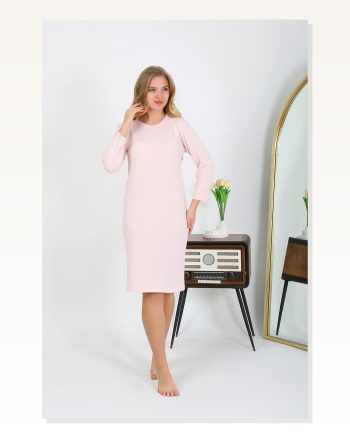 Moda Çizgi Pamuk Ev Elbisesi Tunik Gecelik Somon 13132