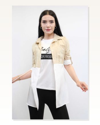 Moda Çizgi Patch Pattern Double Suit Beige