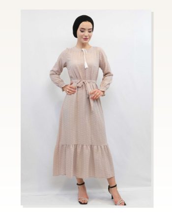 Moda Çizgi Patchwork Dress Beige