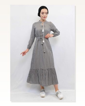 Moda Çizgi Plaid Dress Black