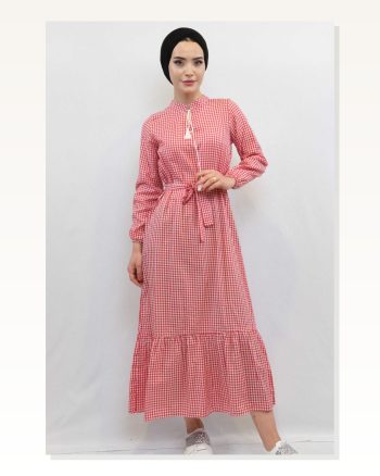 Moda Çizgi Plaid Dress Red