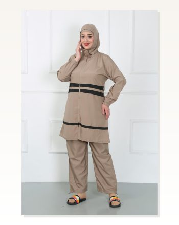 Moda Çizgi Plus Size Hijab Swimsuit Beige 44020