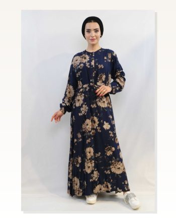 Moda Çizgi Rose Pattern Dress MC4101 Navy Blue