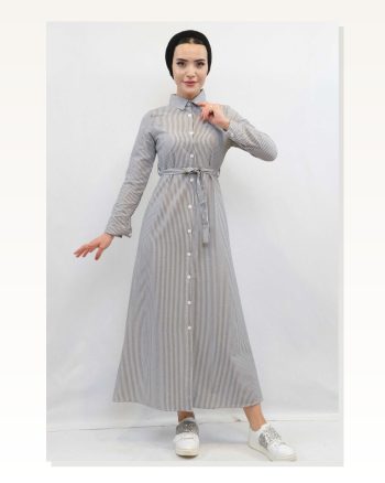 Moda Çizgi Seersucker Dress Gray