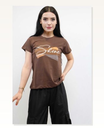 Moda Çizgi Shine Printed Tshirt Brown