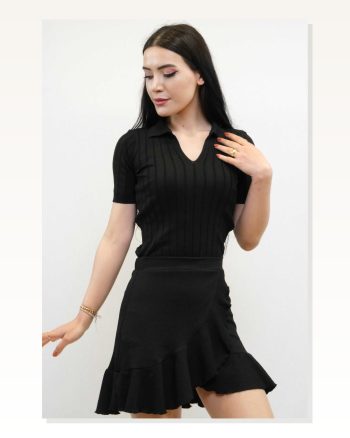 Moda Çizgi Shirt Collar Knitwear Blouse Black
