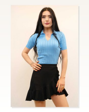 Moda Çizgi Shirt Collar Knitwear Blouse Blue