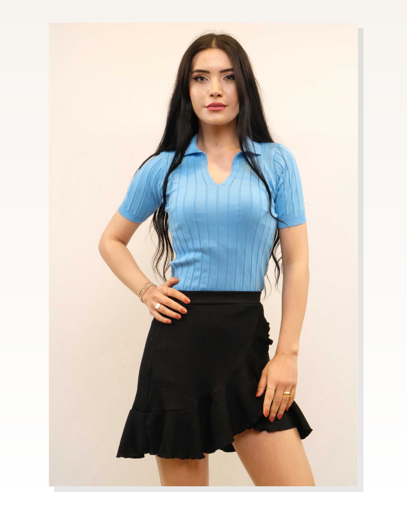 Moda Çizgi Shirt Collar Knitwear Blouse Blue Marketplace blank