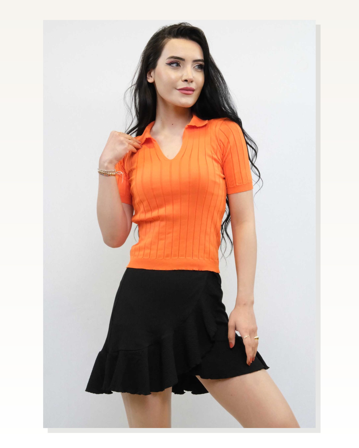 Moda Çizgi Shirt Collar Knitwear Blouse Orange Marketplace blank