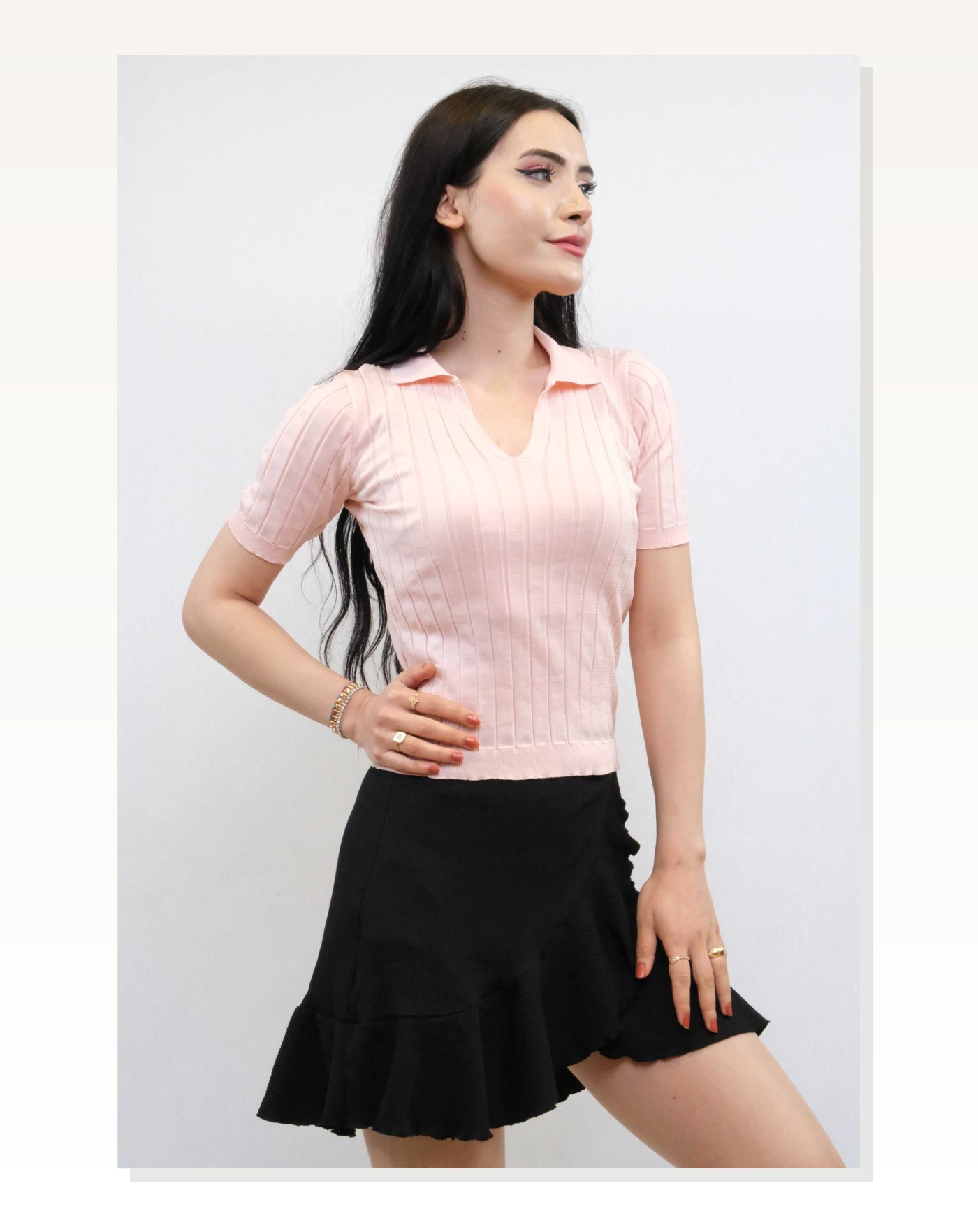 Moda Çizgi Shirt Collar Knitwear Blouse Powder Marketplace blank