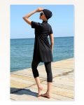 Moda Çizgi Short Sleeve Black Half Hijab Swimsuit 33015 Marketplace